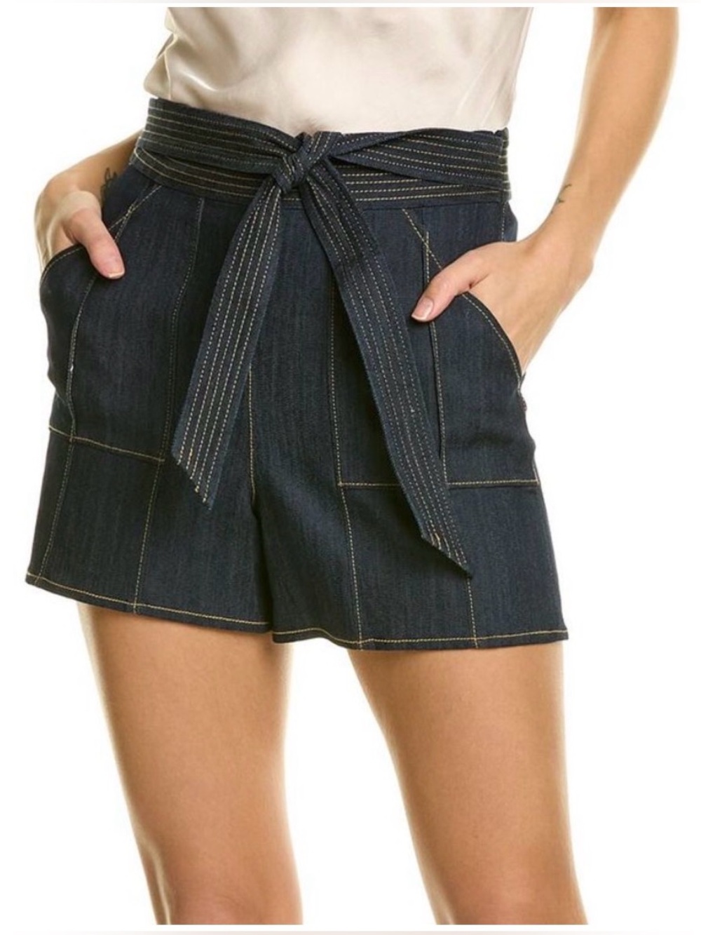 Cinq à Sept Tie Waist High Rise denim shorts Indigo Women’s Sz 6 Quiet Luxury